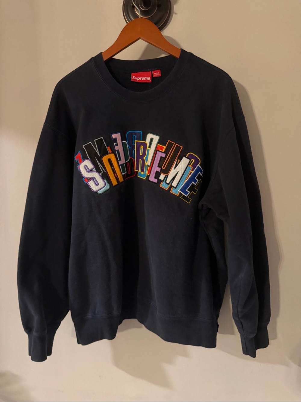 Supreme Chenille Arc Logo Crewneck Sweatshirt Navy Blue Multi Color Large